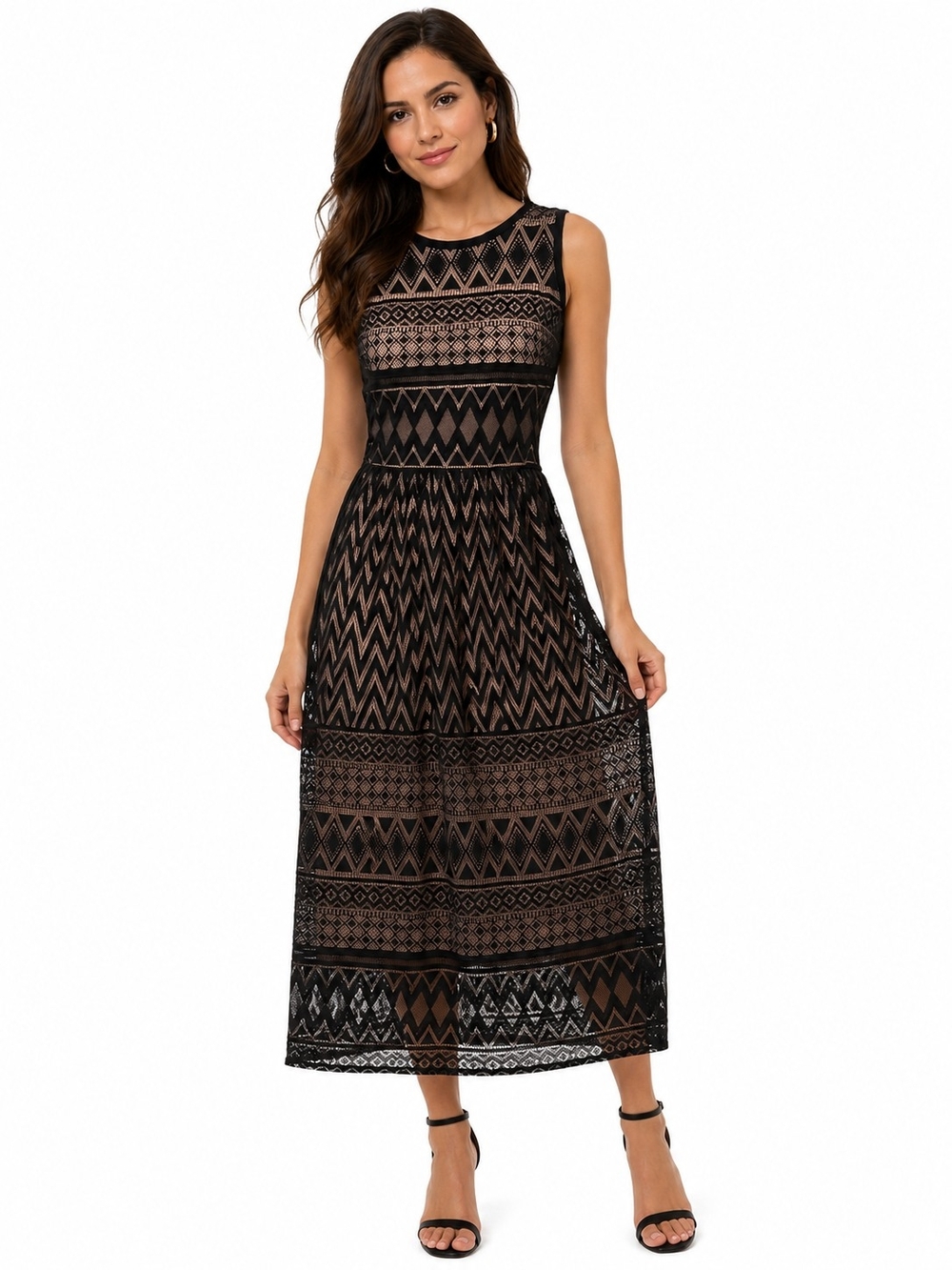 Warehouse Black Lace Geometric Midi Dress